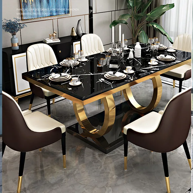 

Rock slab dining table simple rectangular light luxury stainless steel dining table and chairs high-end villa furniture