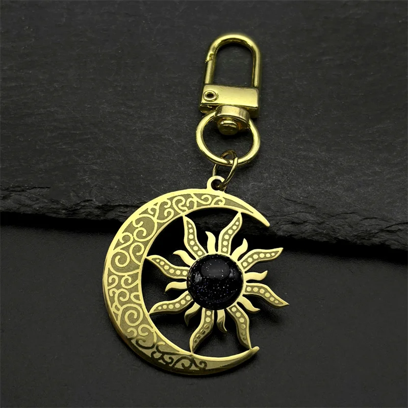 Wicca Sun Moon Key Chains Stainless Steel Pu Leather Stones Natural Stone Exquisite Male Classic Key Ring Party Jewelry Gift
