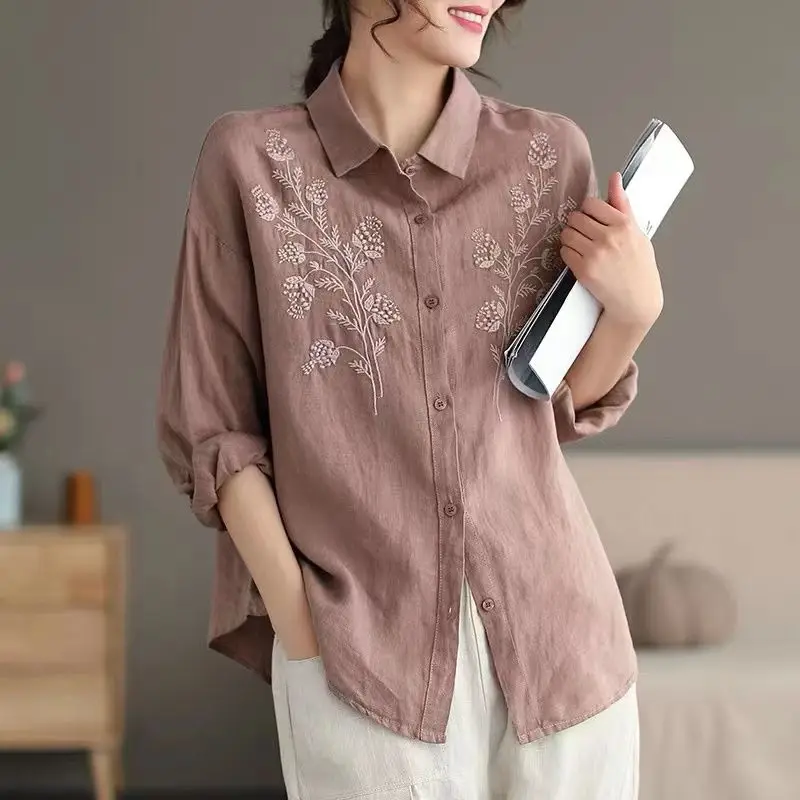 2023 Spring Summer New Women\'s Vintage Embroidered Loose Shirt Polo-Neck Solid Color Cotton Linen Single Breasted Blouses