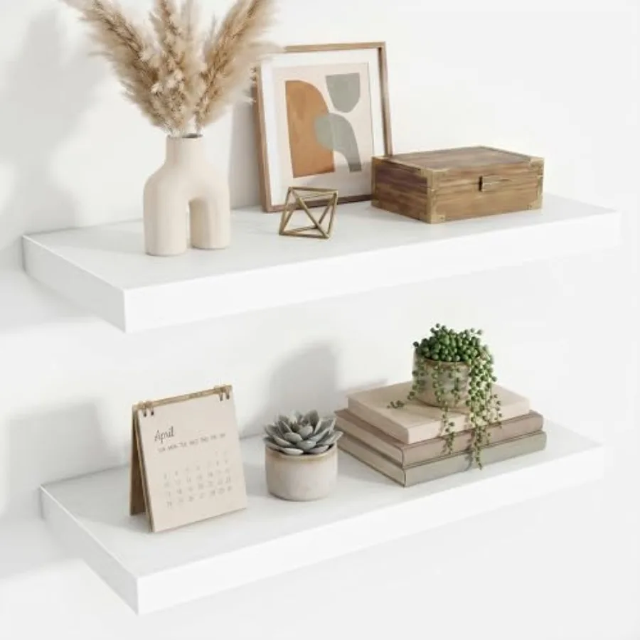

24 Inch Wall Decor Floating Shelves for Living Room Bedroom Bathroom White MDF 9.3 Deep Display Storage Shelf with Invisible Br