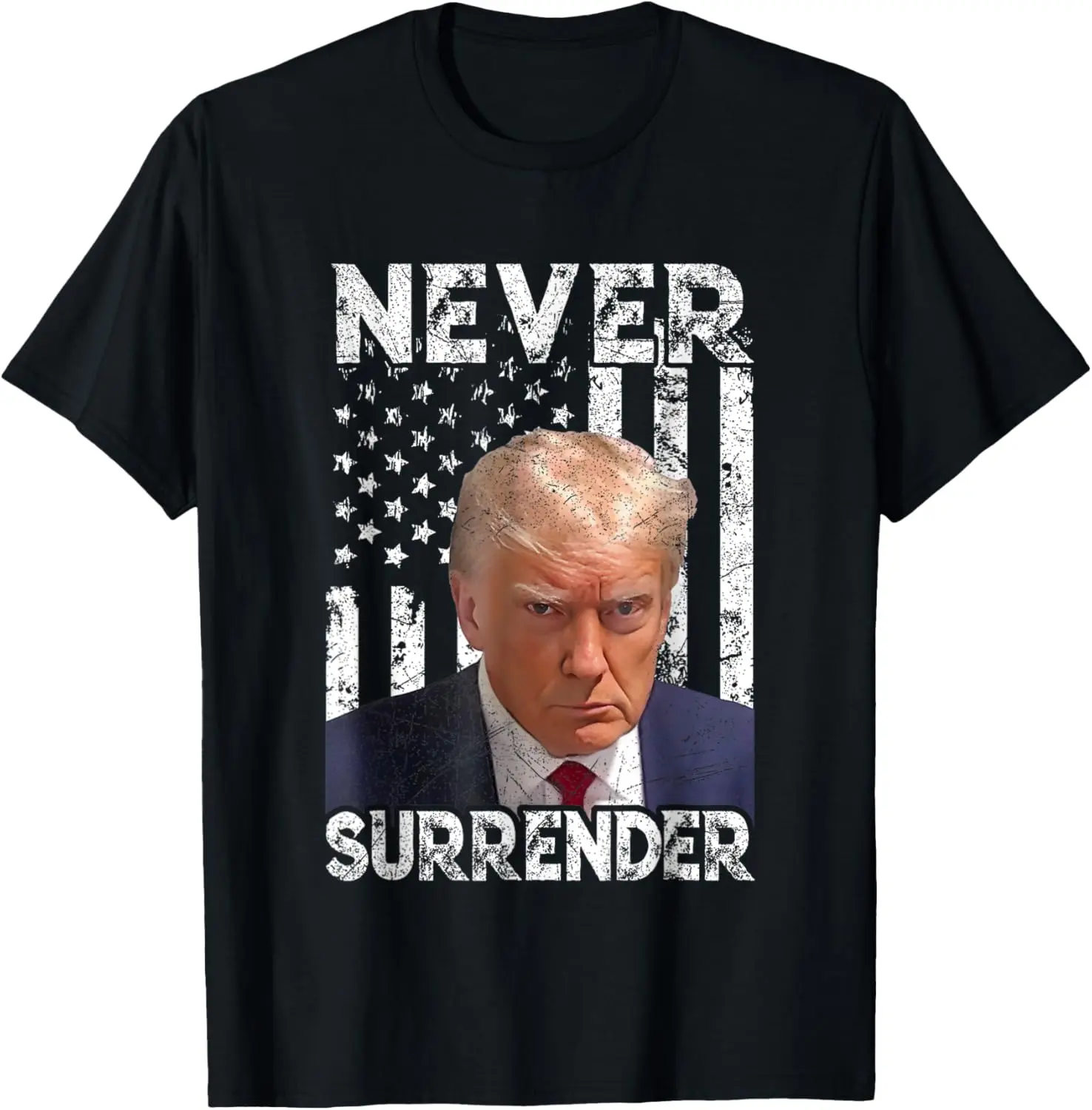 never-surrender-trump-mug-shot-2024-bandeira-americana-mulheres-homens-camiseta