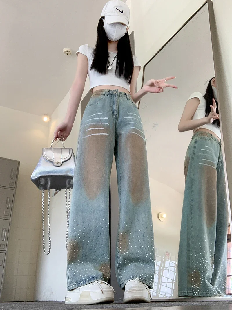 Baggy Jeans Women Vintage Design Autumn Contrast Color High Street Girls High Waist Trousers Daily Faddish Youthful Temper New