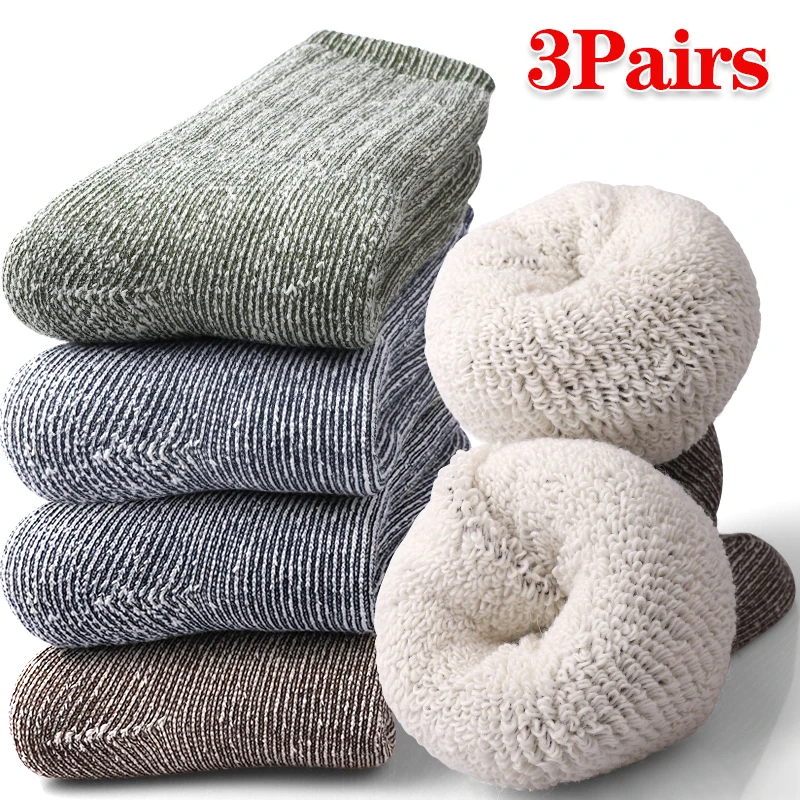 

3Pairs High Quality Elastic Solid Crew Socks Men Winter Heavy Knit Thermal Terry Structure Mid-Calf Sock for Snow/Sleeping/Floor