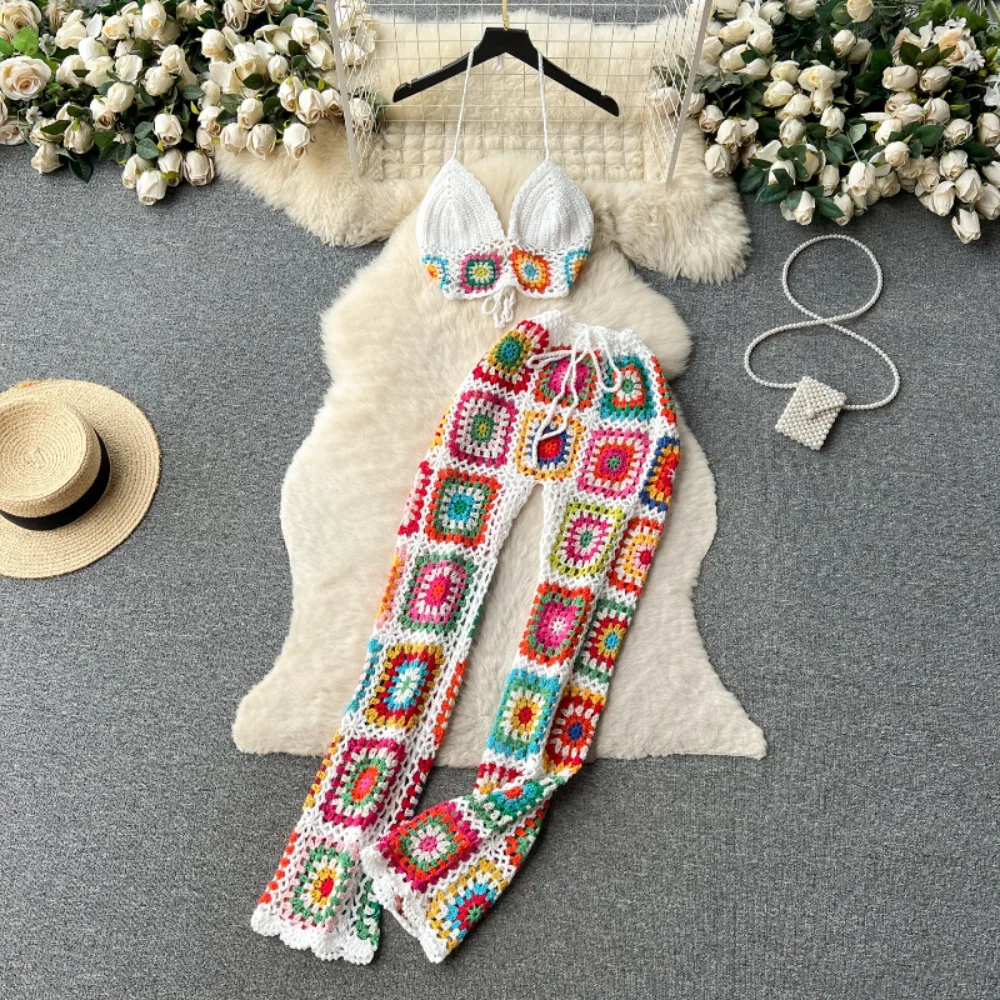 Neploe Women Summer Sweet Heavy Crochet Sling Sets Lace Up Vintage Wid Leg Pants Knit Casual All-match Hollow Out Suits Mujer