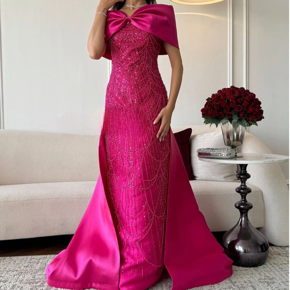 

Customized Exquisite Panel Train Pleats Beading Sequined Bow Evening Dress Graceful Straight Satin Half Sleeves Party Gown