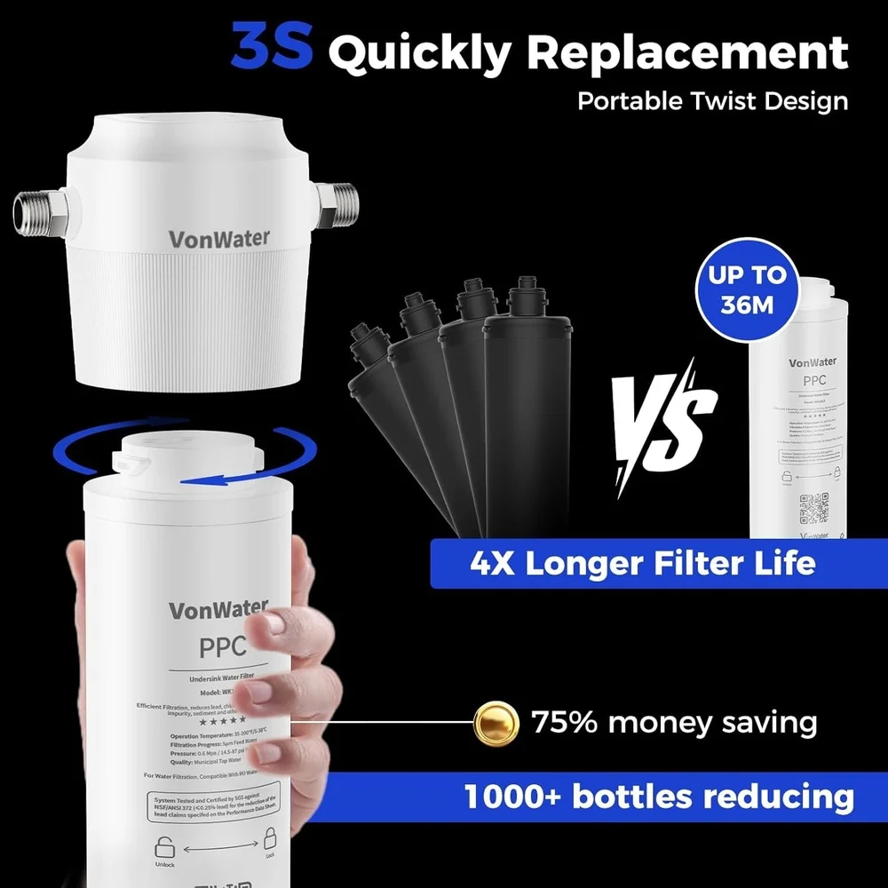 Under Sink Water Filter System 18000 Gallons Direct Connect 1/2 inch Kitchen Faucet Filtration Filters Odor Reduction Fast Flow