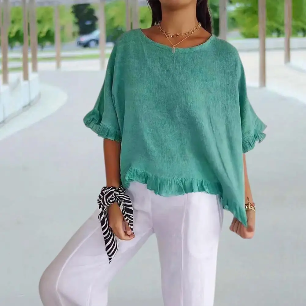 Solid Color Blouse Versatile Solid Color Blouse Stylish Women's Casual T-shirts with Ruffle Detailing Loose Fit for Everyday