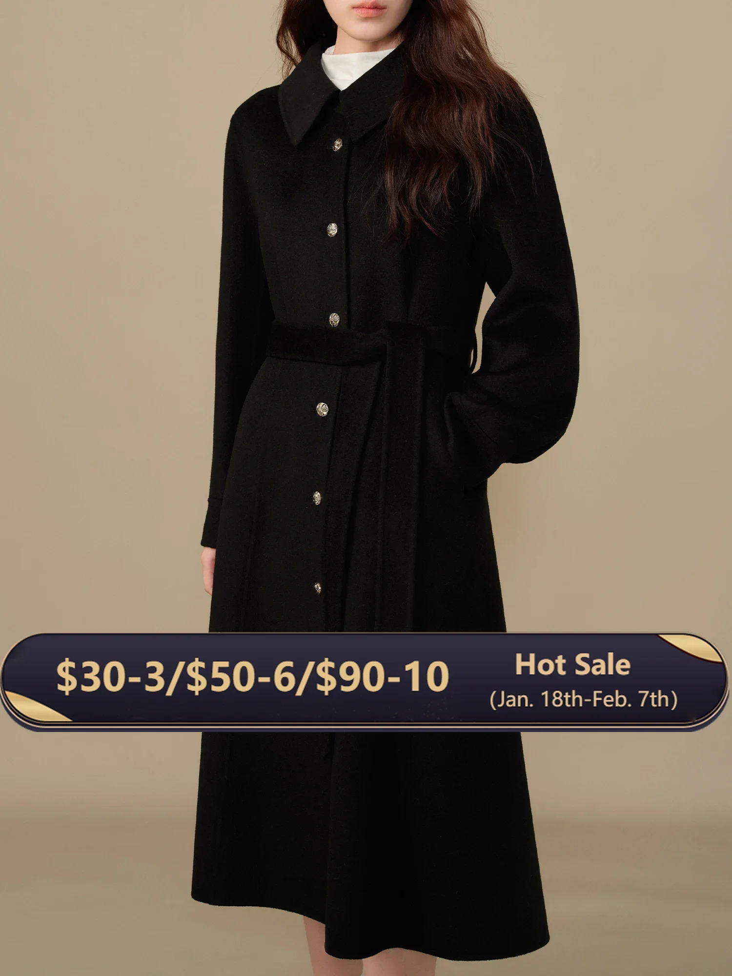 

DUSHU 74.4% Sheep Wool Plus Size Hepburn Style Wool Coat 2024 Winter New Versatile Commuting Long Tweed Black Jacket 24DS84179
