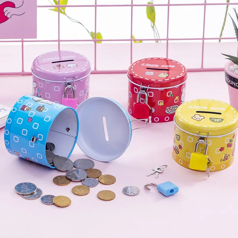 Creative Metal Cylinder Piggy Bank Tinplate  Cartoon Saving Bank With Iron Lock For Children's Gift