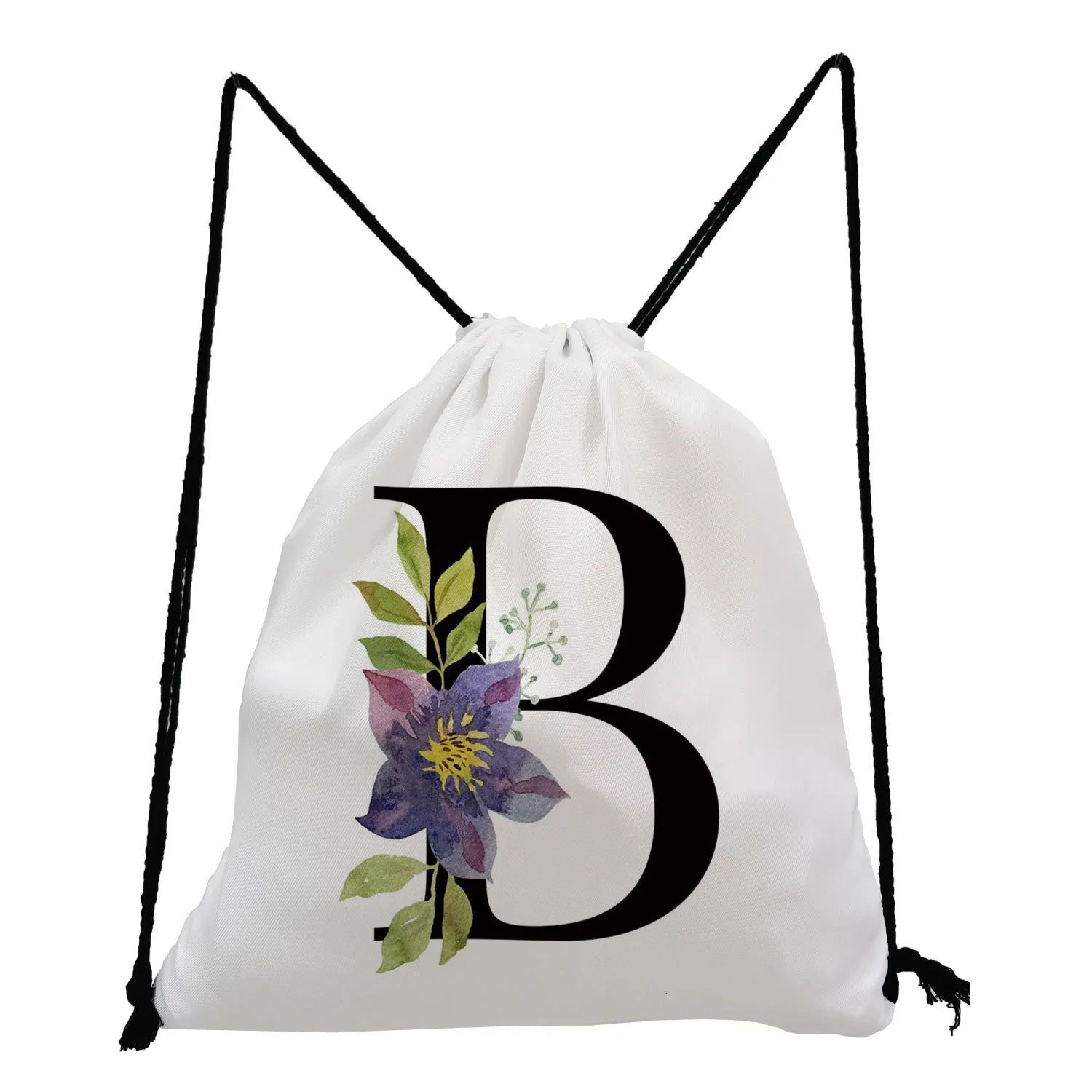 

Students Unisex Drawstring Backpack Lightweight A-Z Alphabet Flower Print White Gym Sport Bag with Firm Rope Simple Minimalism