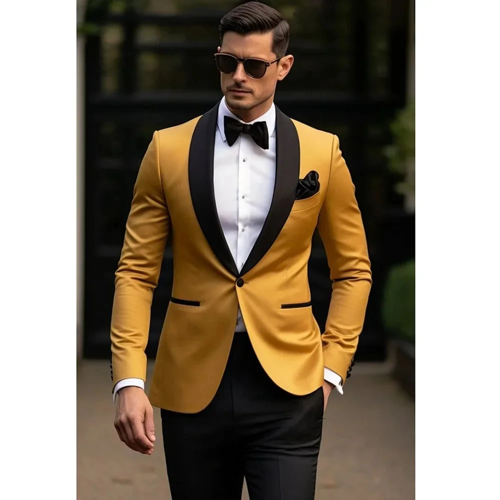 

Yellow Men's Suits for Wedding 2 Pcs One Button Black Shawl Lapel Slim Fit Blazer Pants Wedding Groom Prom Male Clothing