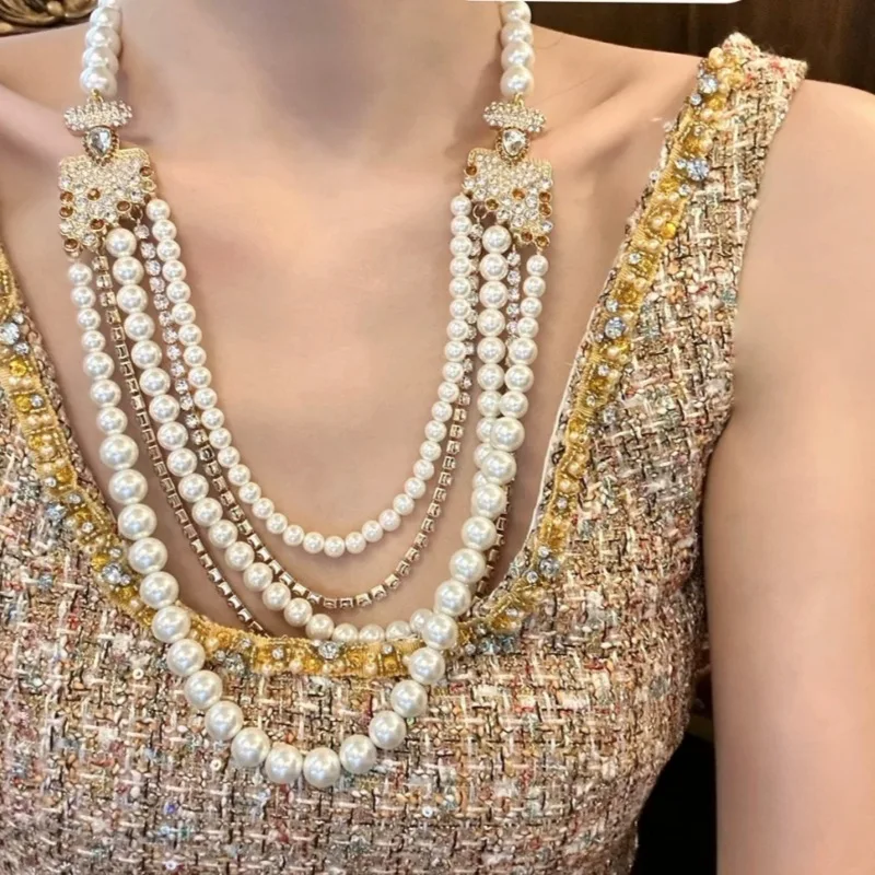 

Vintage Crystal Pearl Beaded Necklace, Luxurious Multi-layers Rhinestone Tassel Sweater Chain Accessory