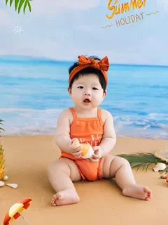 Childrens photography hundred day one year old summer bikini jumpsuit beach and sea view vacation theme  신생아촬영