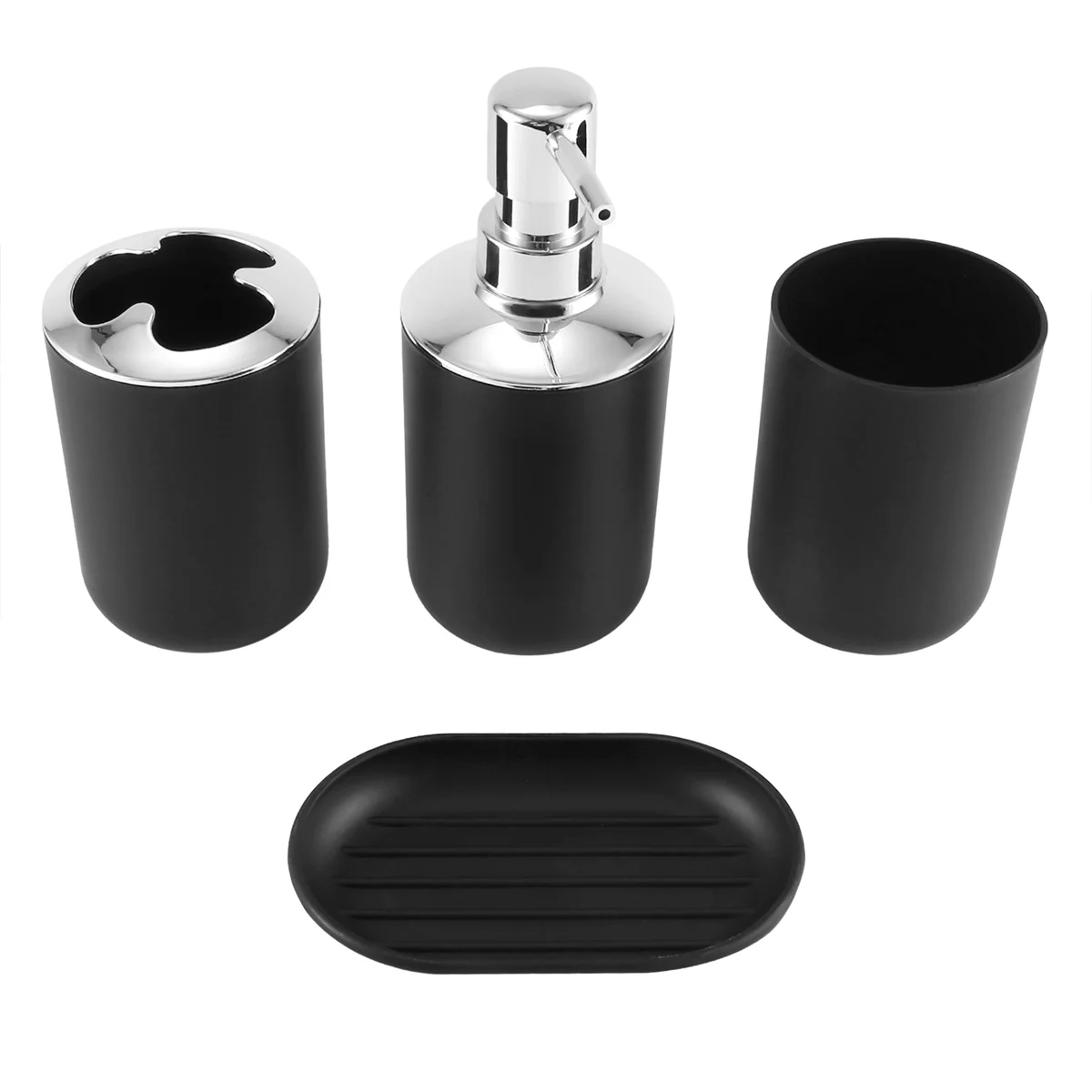 4 Pcs Plastic Bathroom Accessory Set,Bath Toilet Brush Accessories Set with Toothbrush Holder,Toothbrush Cup(Black)