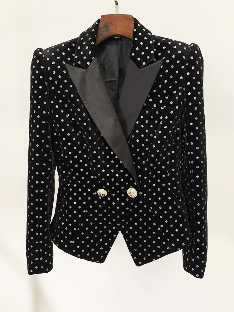 HIGH STREET Newest 2024 Fashion Designer Jacket Women\'s Shimmer Polka Dot Velvet Blazer