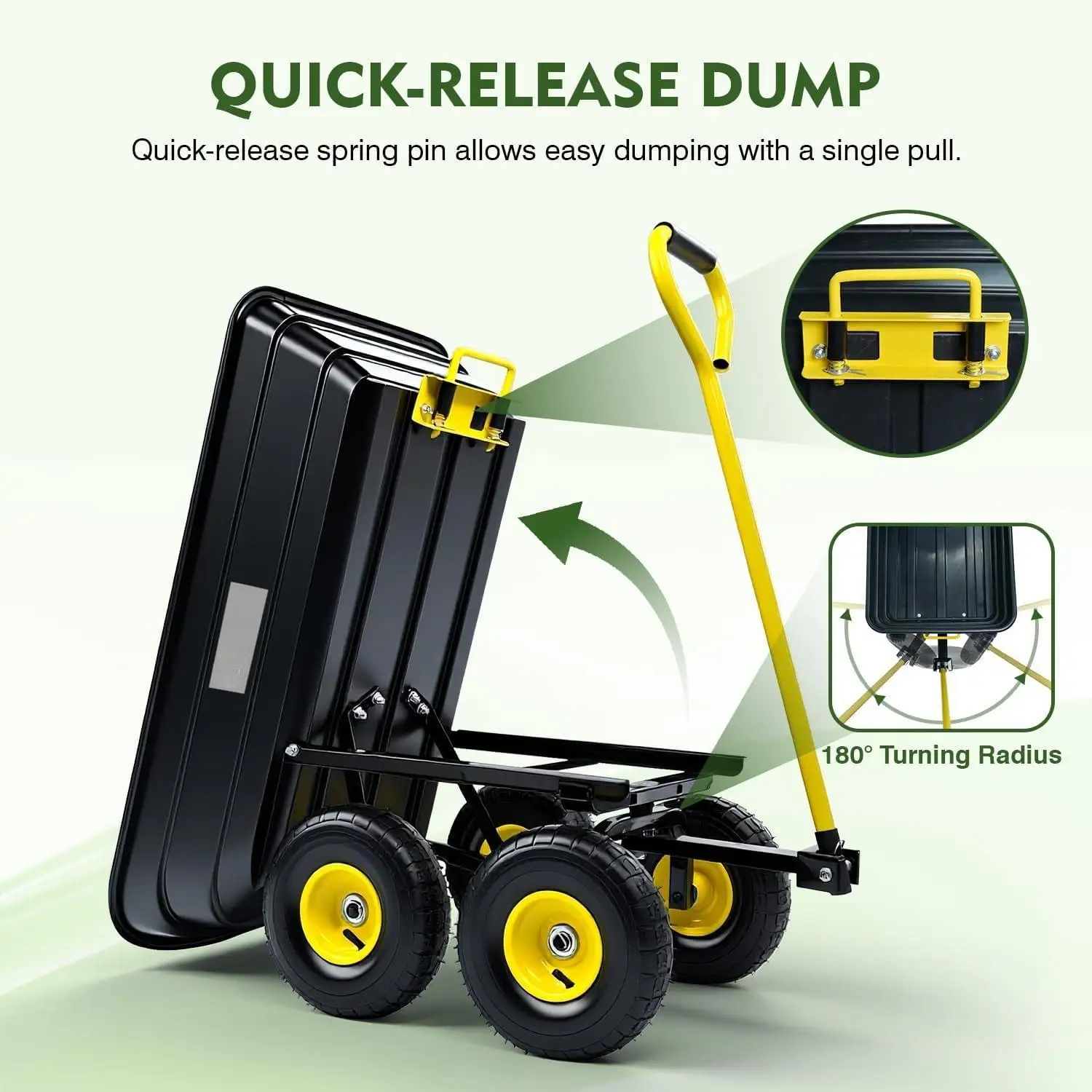 W_Garden Dump Cart, Heavy-Duty Utility Wagon with 600 lb Capacity, 4 Cu Ft Bed, 10" Pneumatic Tires, 180° Pivot Steering