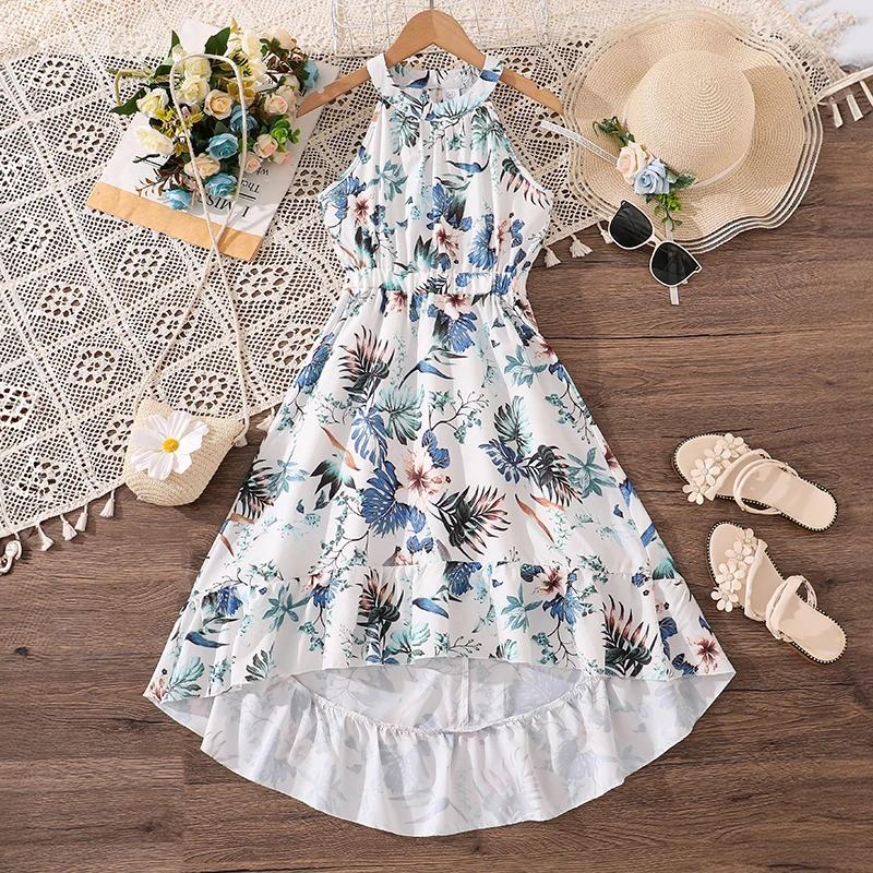 

Платье для девочек 8-12 лет с цветочным принтом, на бретельках через шею, с присборенной талией и асимметричным подолом, повседневное детское платье