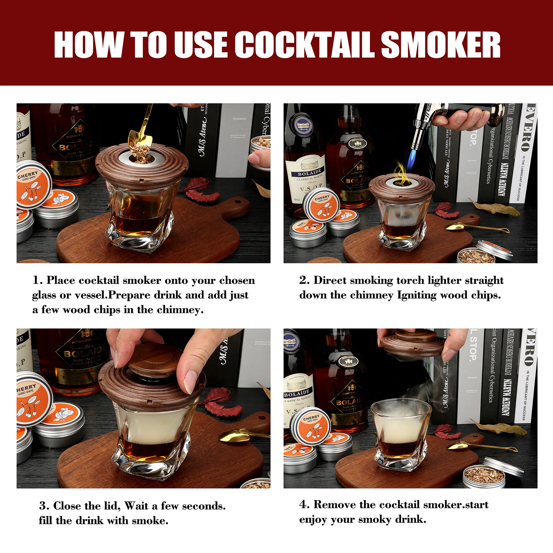 Cocktail Smoker Kit With Torch 4 Wood Chips Whiskey Stones Spoon Ice Tong Smoker Accessories Without Butane For Bartender