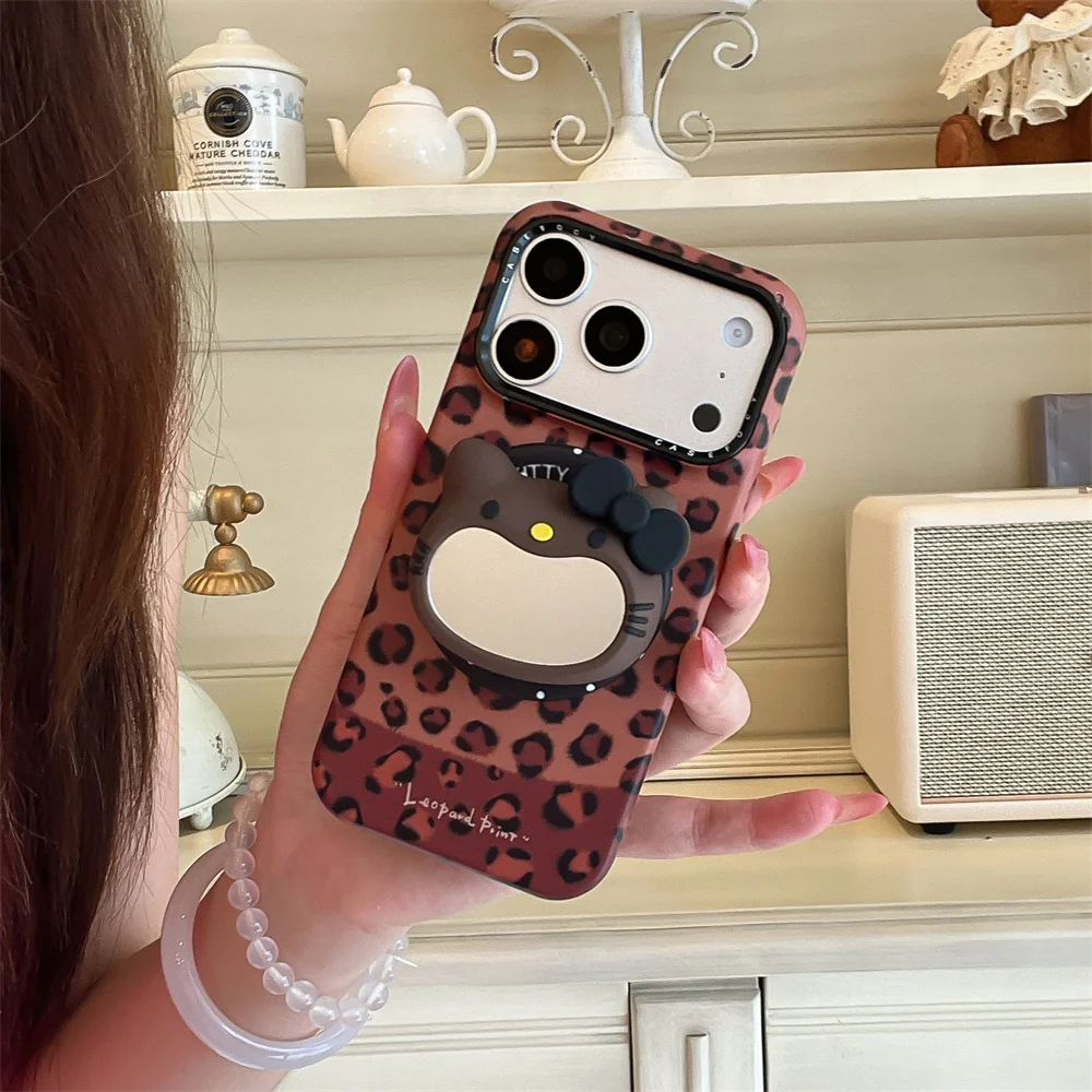 

INS Leopard Print Magnetic Phone case for iPhone 15 Pro 17 16 15 17 Pro 16 Max Funda with Magsafe HelloKitty Mirror Holder Cover