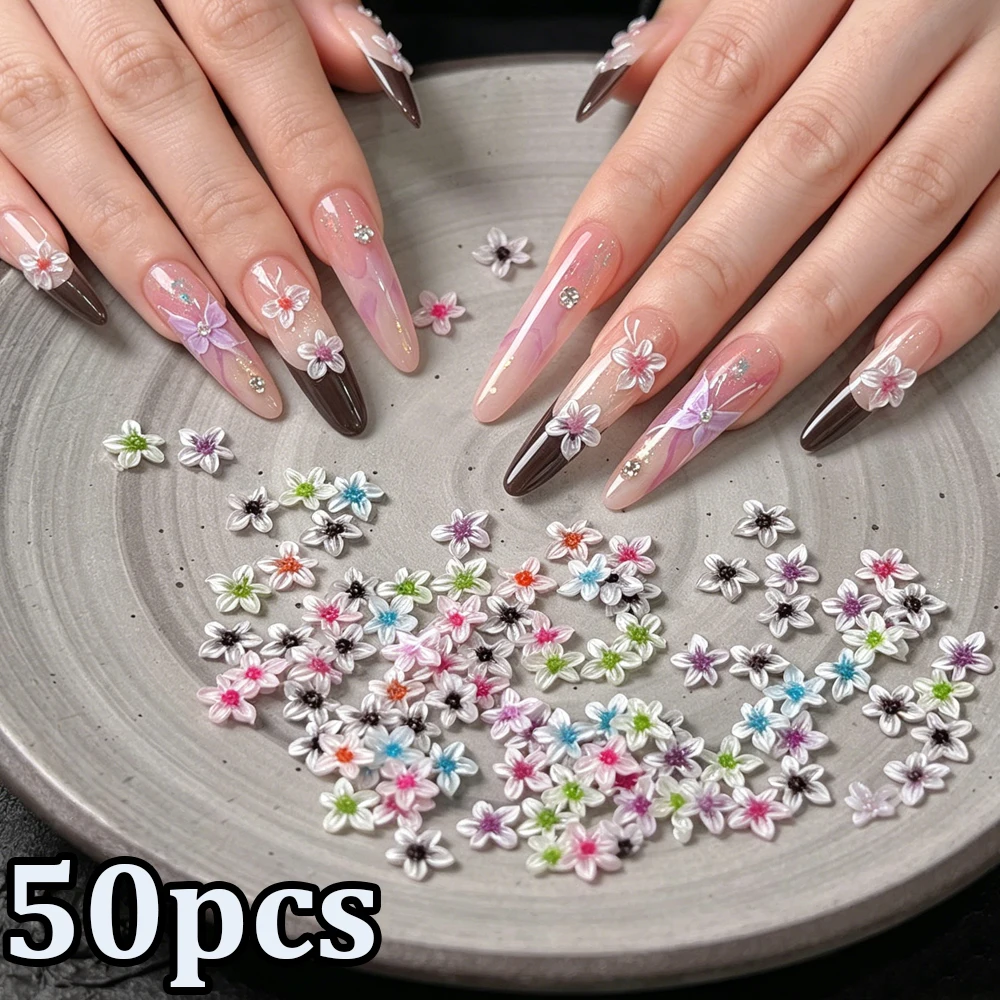 50pcs Soft-Sculpted Ice Crystal Flowers Nail Art Charms Colorful Five-Petaled Lily Clear Nail Decorations Mini Flower Manicure A