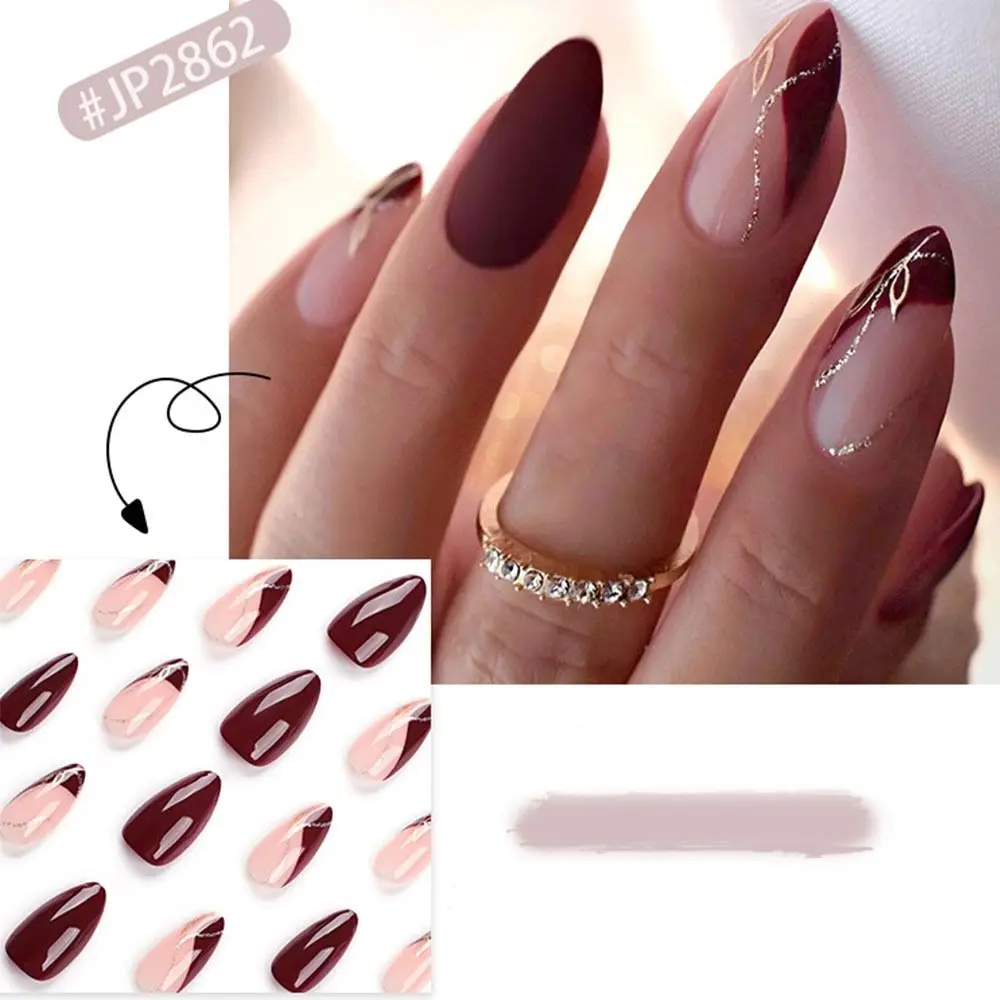 Manicure Long Almond False Nails French White Edge Press on Nails Detachable Bow Nail Tips DIY