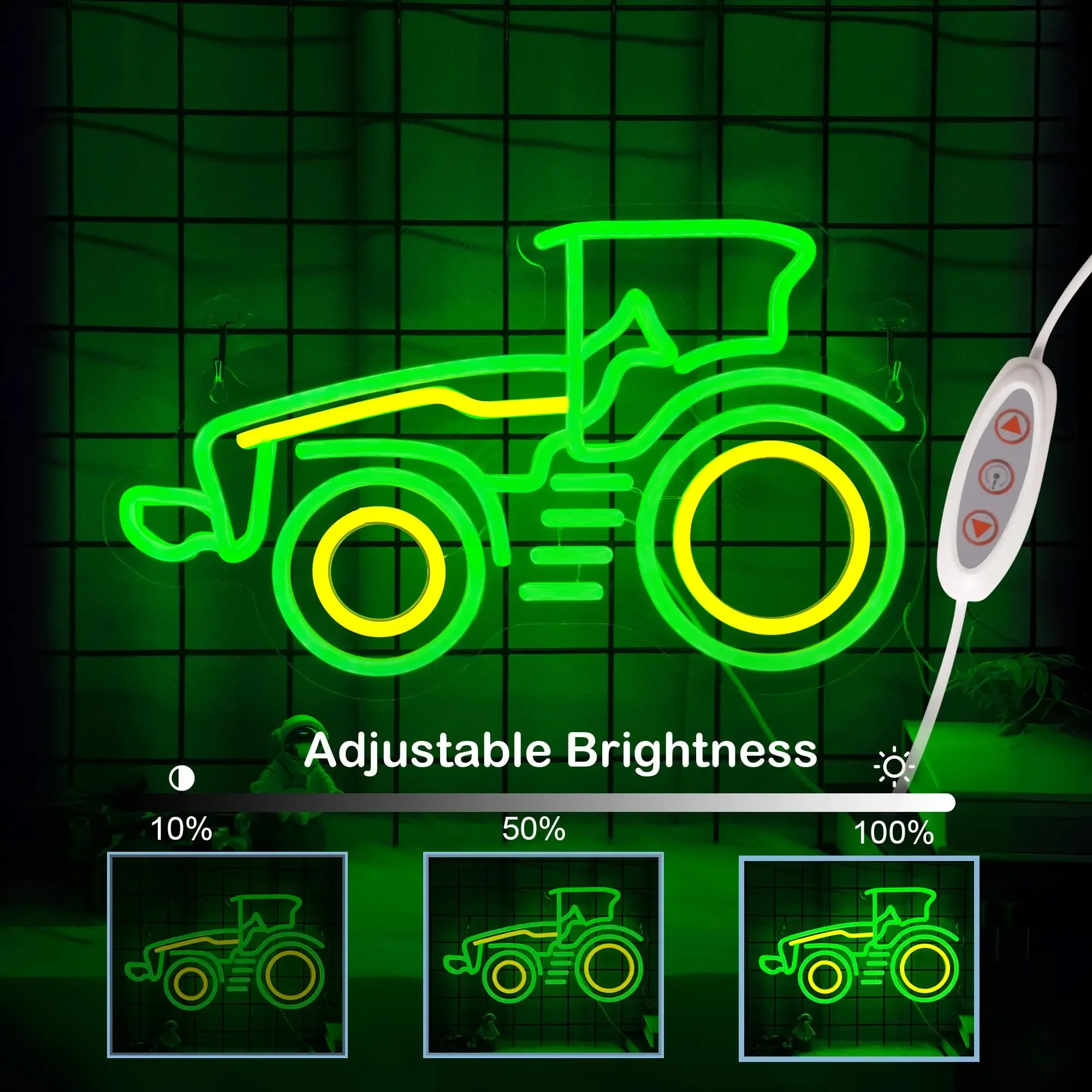 Tractor Neon Sign, USB Powered with 3-Color Lights, Dimmable LED Vehicle Neon Wall Light for Bedroom Home Birthday Gift for Boys