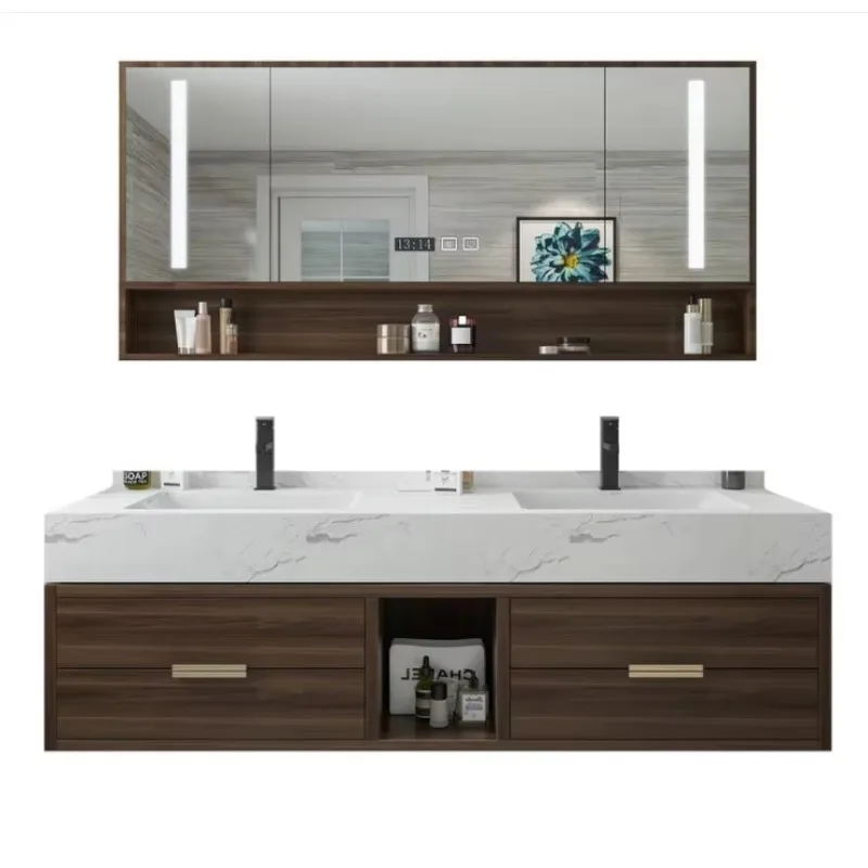 

European-style modern bathroom vanity with marble countertops