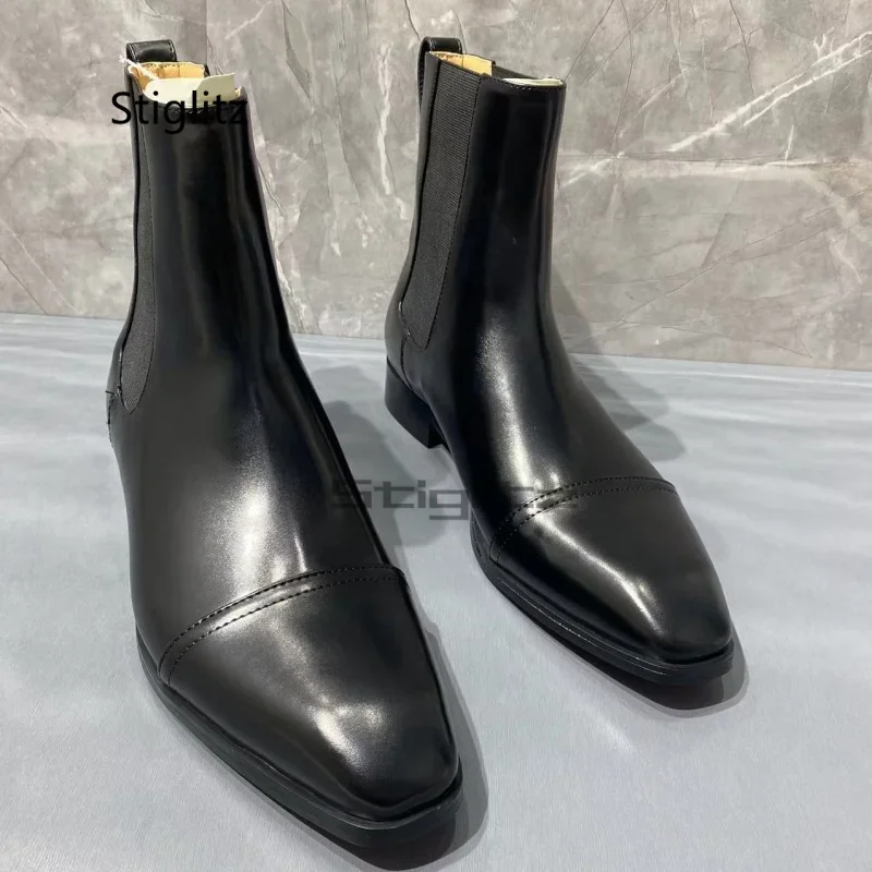 

Черные мужские ботинки из натуральной кожи в стиле ретро, модные слипоны с маленьким квадратным носком, ботильоны «Челси» для мужчин, мужская обувь на низком каблуке в британском стиле