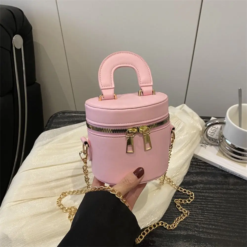 

Cute Solid Color Box Crossbody Bag PU Leather Shoulder Bag Mini Lipstick Bag Handbag Metal Chain Cylinder Bag Summer