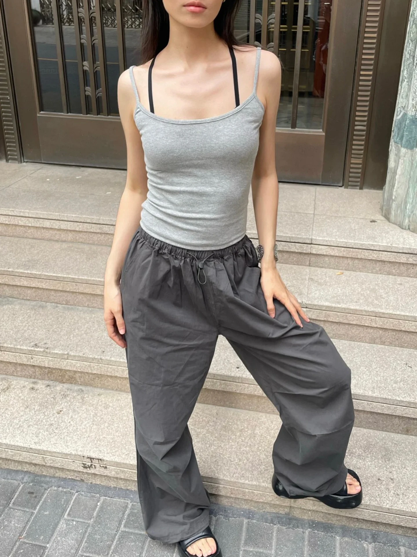 

Elastic Cotton Teaded Strap Tank Top Conceal Side Breast Sexy Tightening Slimming Strap Vest Bal Slim Fit ort Length