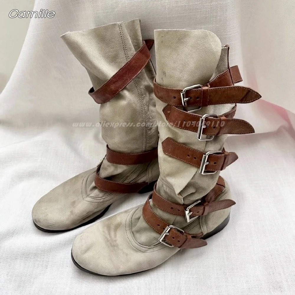 

Retro Belt Buckle Strap Leather Cowboy Lady Boots Vintage Distressed Knee High Casual Boots Round Toe Mid Heel Biker Boots