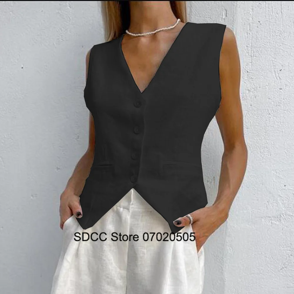 Women's Linen V Neck Sleeveless Single Breasted Vest Casual Elegant Youthful Woman Clothes Tops for Summer 2024 Clothing Top
