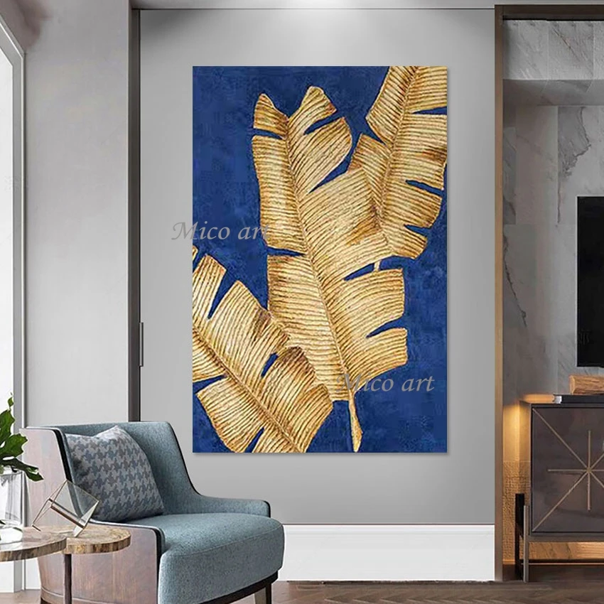 

Leaf Art Textured Hand Drawing Oil Paintings Canvas Poster New Arrival Gold Foil Design Style Abstract Frameless Picture Wall