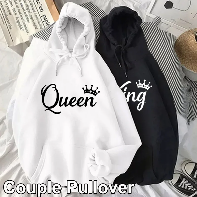 Fashion Women Long Sleeve Pullover Hooded Sweatshirts Unisex King and Queen Print Hoodies Casual Streetwear Couple Sweat