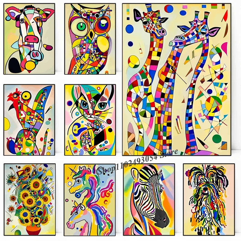 Abstract Giraffe Cat Owl Sunflowers Art Posters Colorful Geometry Canvas Painting Wall Art for Living Room Home Decor Cuadros