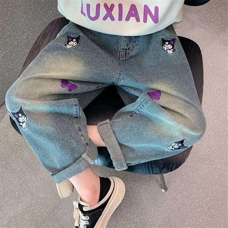 Kuromi Sanrios Spring Autumn Jeans Girl New Wear Outside Trousers Versatile Loose Leisure Kawaii Cartoon Embroidery Pants