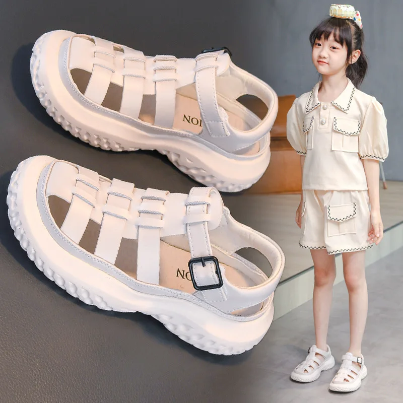 2023 Summer Fashion Cut-Outs  Princess Sandals for Girls Shoes Child Girl Flat Sandals Sports Beach Kids Shoes Black White 26-36