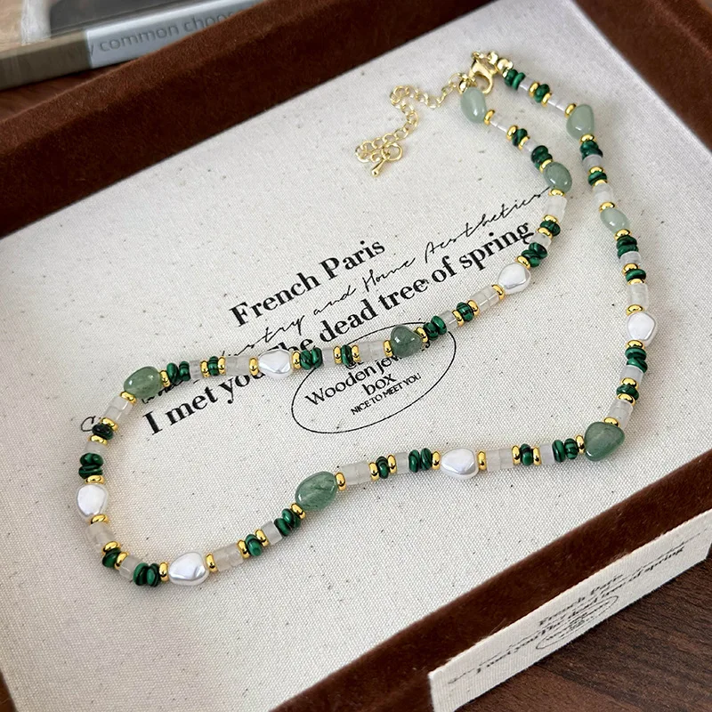 Minar Wholesale Green Color Natural Stone Malachite Simulated Pearl Strand Beaded Necklace for Women Gold Plated Chain Chokers