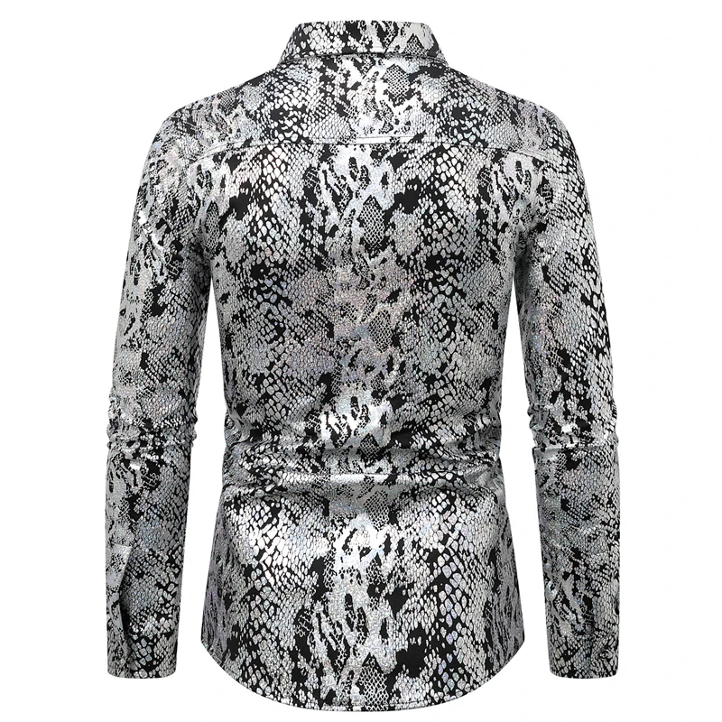 Sexy Sake Pattern Print Metallic Nightclub Shirt for Men Long Sleeve Slim Fit Mens Dress Shirts Party Stage Prom Singer Costume