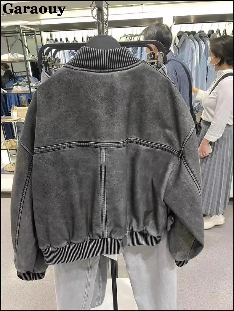 Garaouy 2023Autumn Washed Worn Out Short Jacket Stand Collar Long Sleeve Faux Leather Baseball Uniform Women Loose Coats Outwear