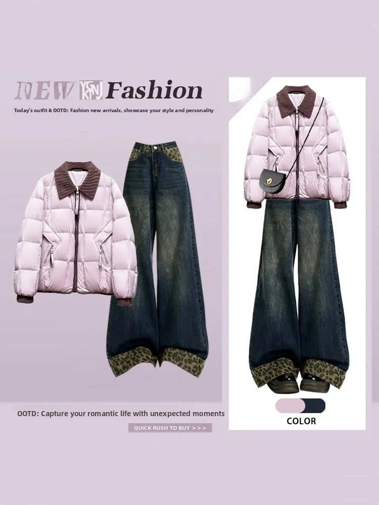 Winter Große Größe Damen College Sle Farbe Blo ort Baumwolle Jaet und Jeans mit weitem Bein Set Faionable und warmes Outfit