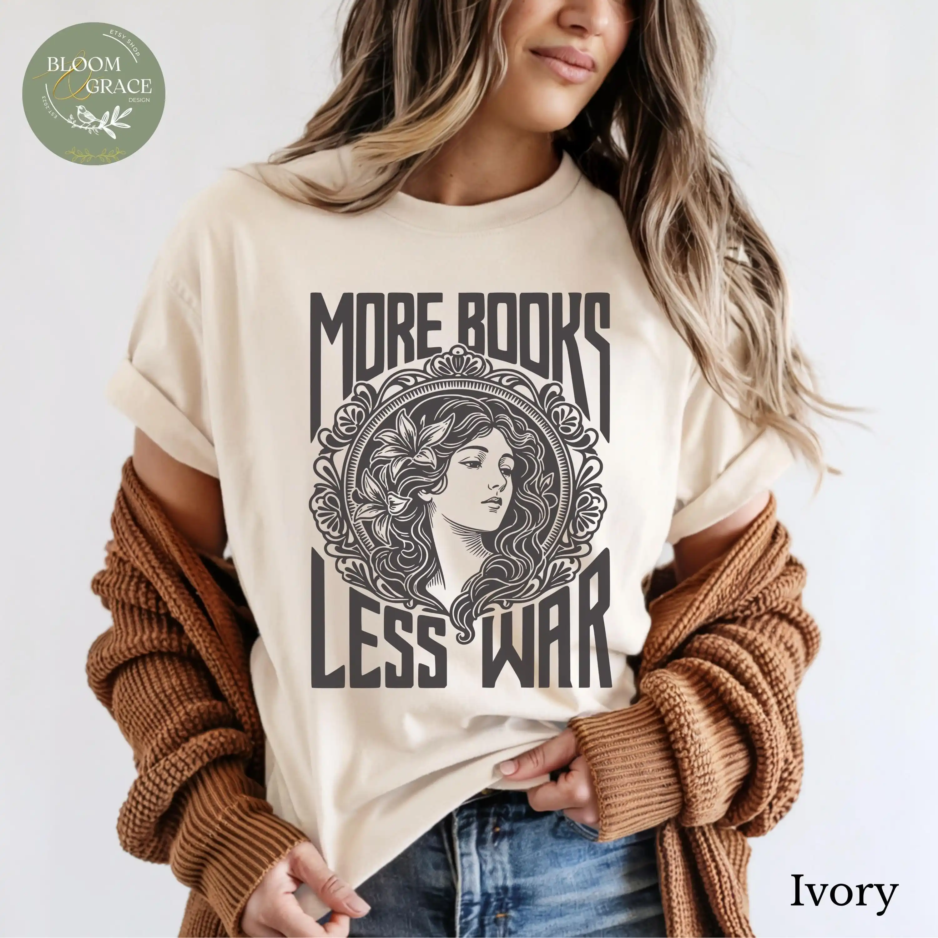 More Books Less War Shirt, Book Lover Tee, Vintage Literary Graphic Shirt, Reader Gift, Bookworm Shirt, Art Nouveau T-Shirt