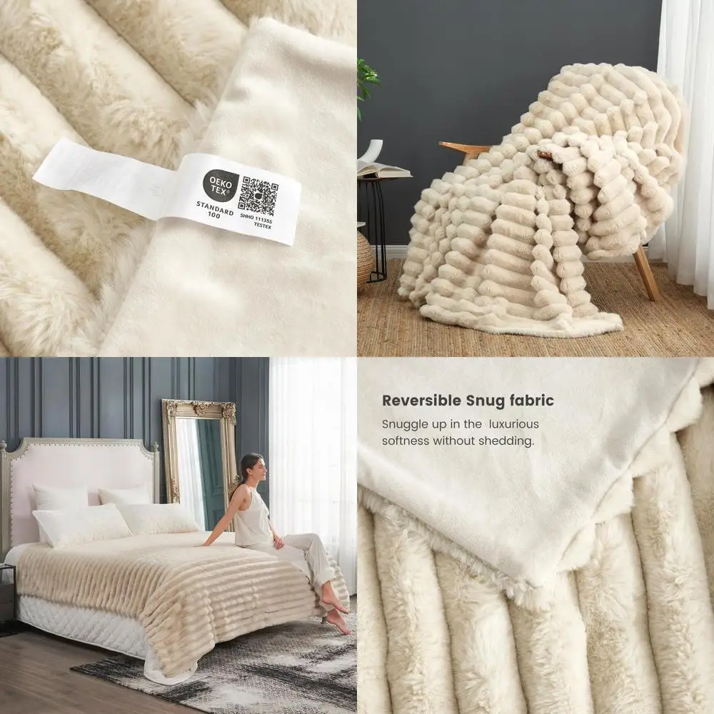 

Бежевое плюшевое одеяло из искусственного меха в полоску, 90x90 дюймов, идеально подходит для дивана, спальни, комфорта гостиной