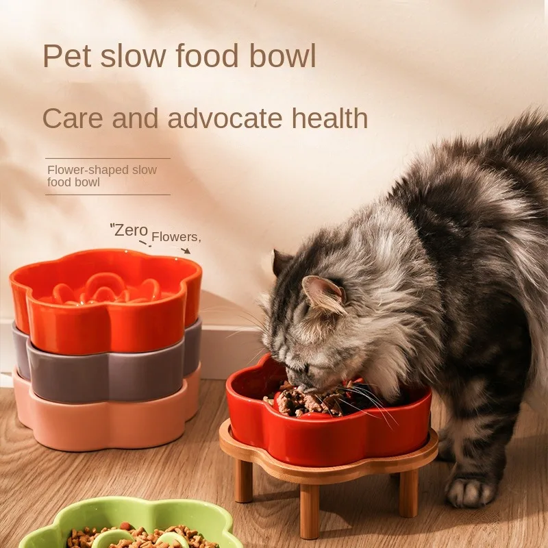 Ceramic Slow Feeding Bowl Anti-Choke Cat Entering Food Basin Prevent Black Chin Small Dog Neck Mask Wooden Frame Cat Supplies