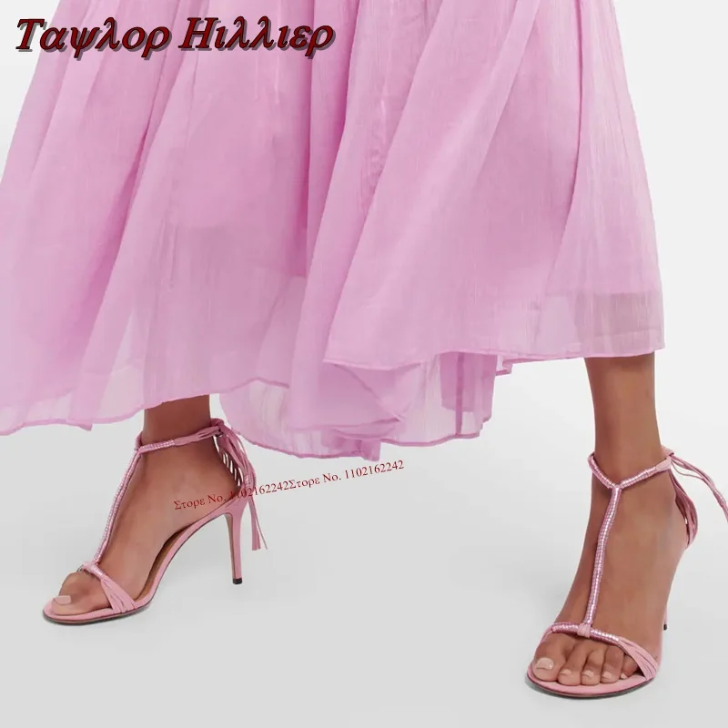 Summer Pink Open Toe Sandals Women Stiletto Tassel T-Shaped Ankle Strap High Heels Fashion Everyday Dress With Zapatos De Mujer