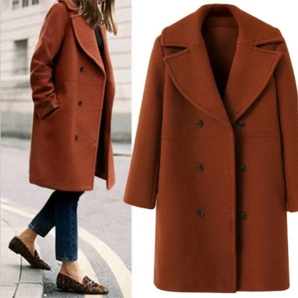Seamless Loose Fit Coat with Long Sleeve Midi Length British Style Patch Pockets Elegant Commuter Double Breasted Women Coat