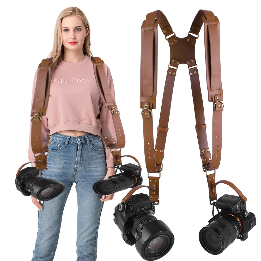 Dual Camera Strap Leather Camera Straps Adjustable Camera Carrying Strap Universal Camera Shoulder Strap for 2 Cameras