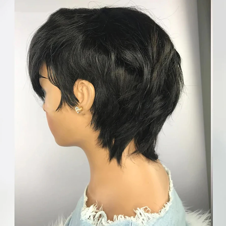 Black Color Glueless Short Human Full Wigs With Bangs Non Lace Brazilian Hair Pixie Cut Wig For Black Women