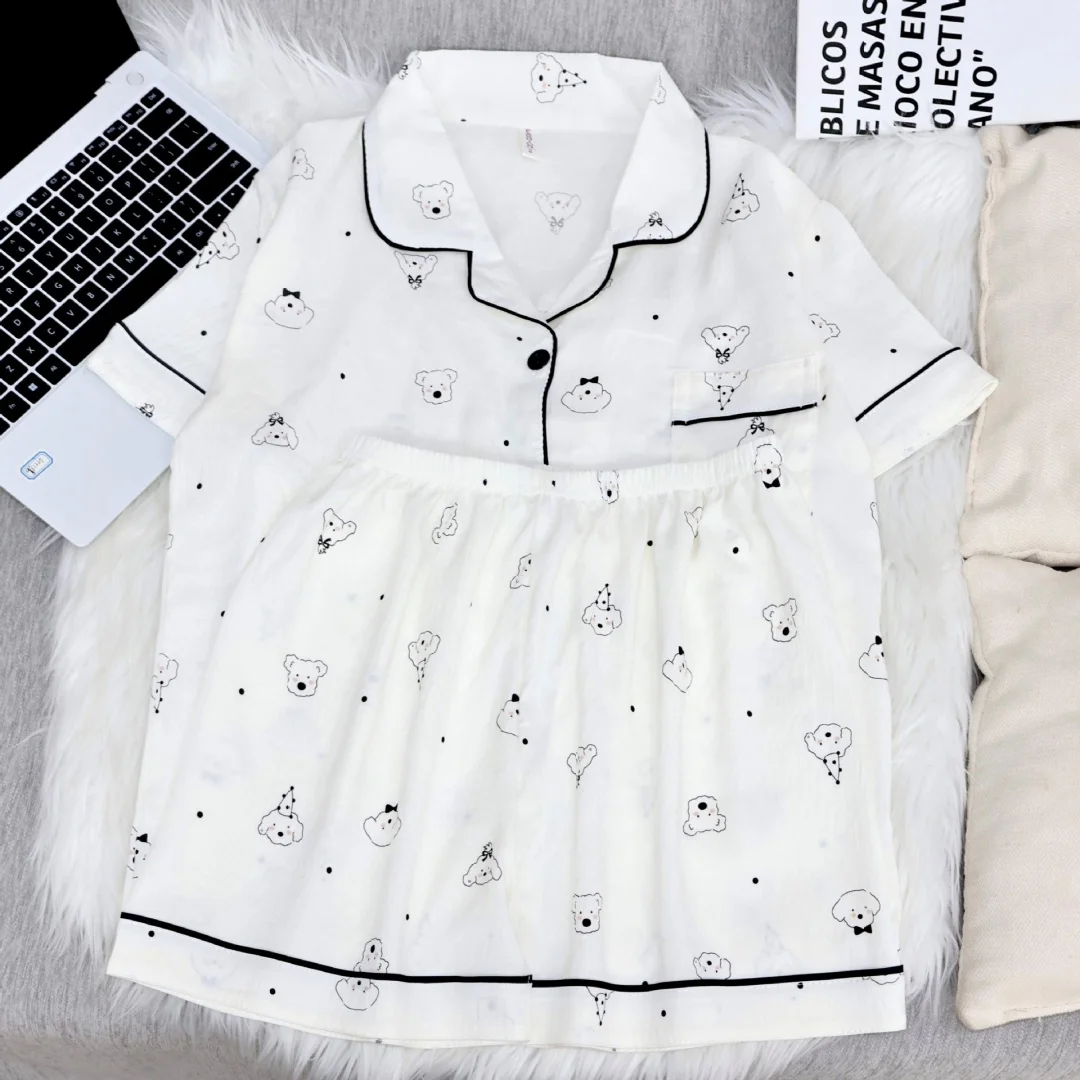 

Cute Women's Pajamas Set Puppy Dog Printed Loungewear Home Wear 2pcs with Lapels Short Sleeves and Shorts Pants Summer Gifts