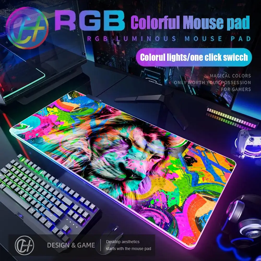 

Крутой коврик для мыши с граффити, львом и леопардом, игровой коврик для мыши RGB, настольный коврик HD Gamer, большой коврик для мыши со светодиодной подсветкой XXL